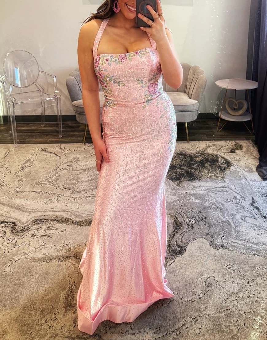 Sparkly White Floral Printed Mermaid Halter Long Prom Dress