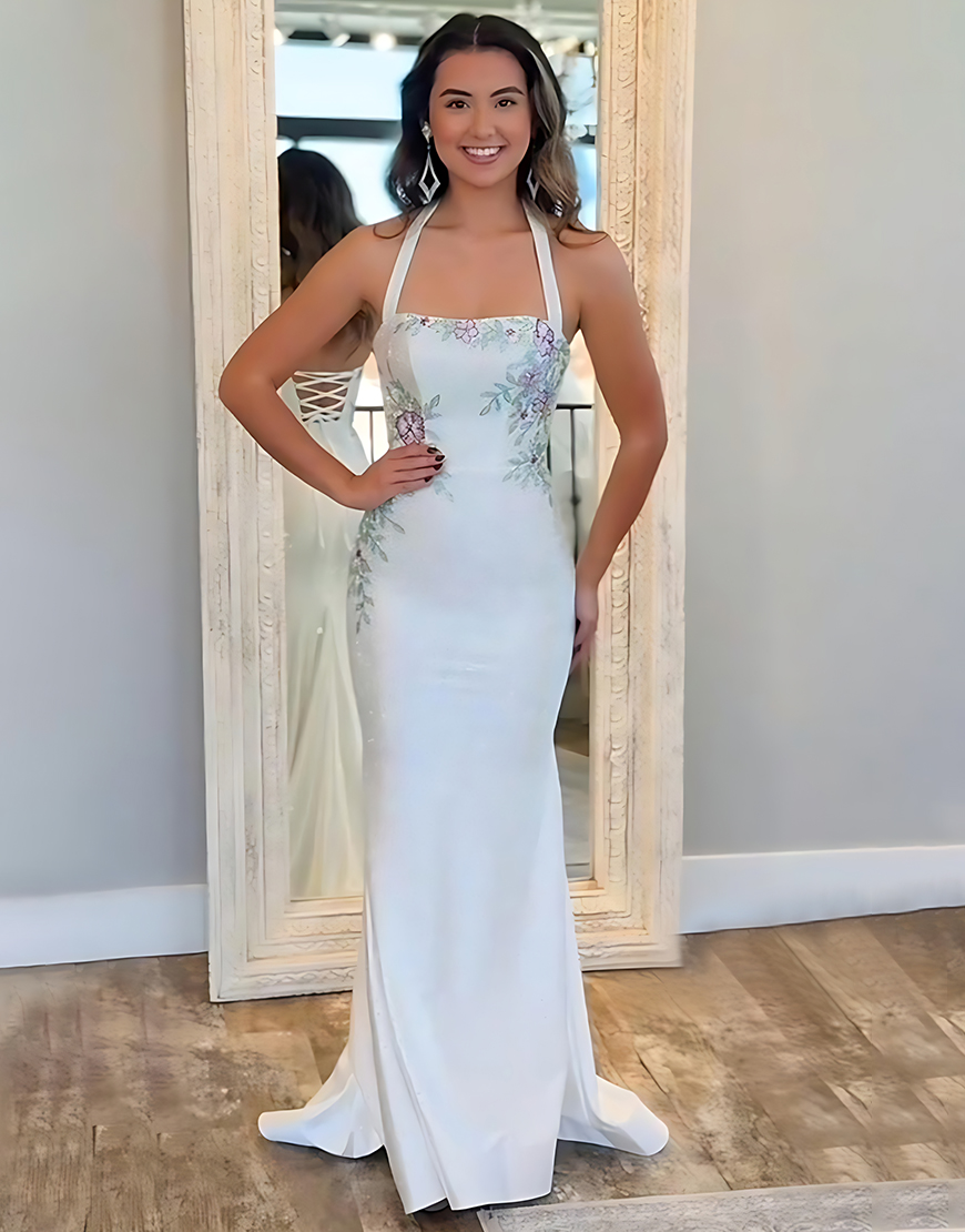 Sparkly White Floral Printed Mermaid Halter Long Prom Dress