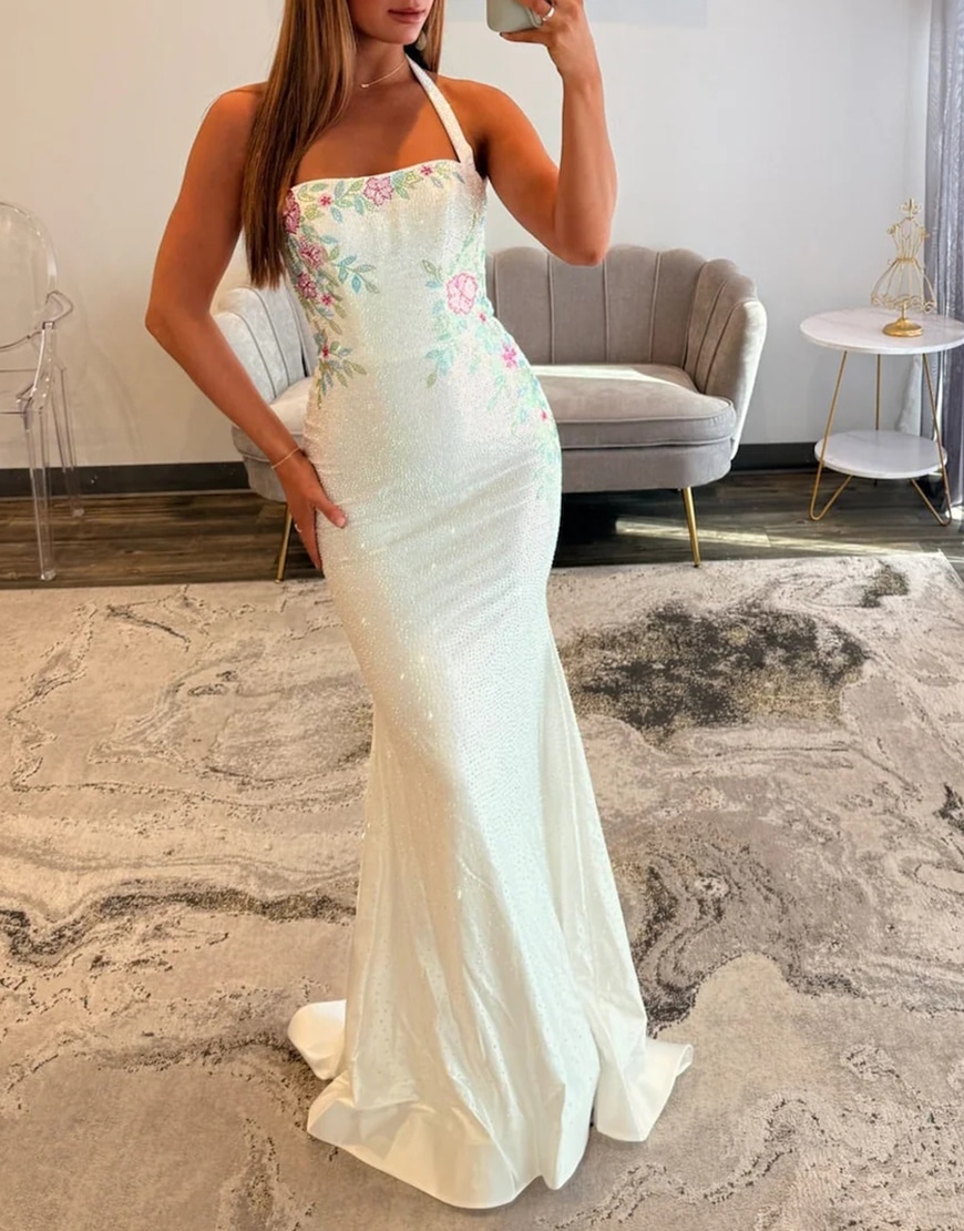 Sparkly White Floral Printed Mermaid Halter Long Prom Dress
