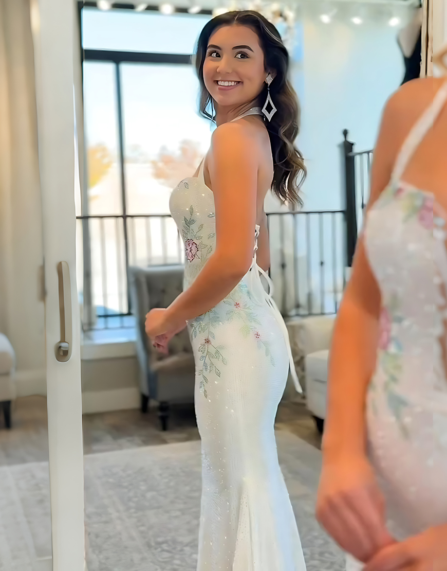 Sparkly White Floral Printed Mermaid Halter Long Prom Dress