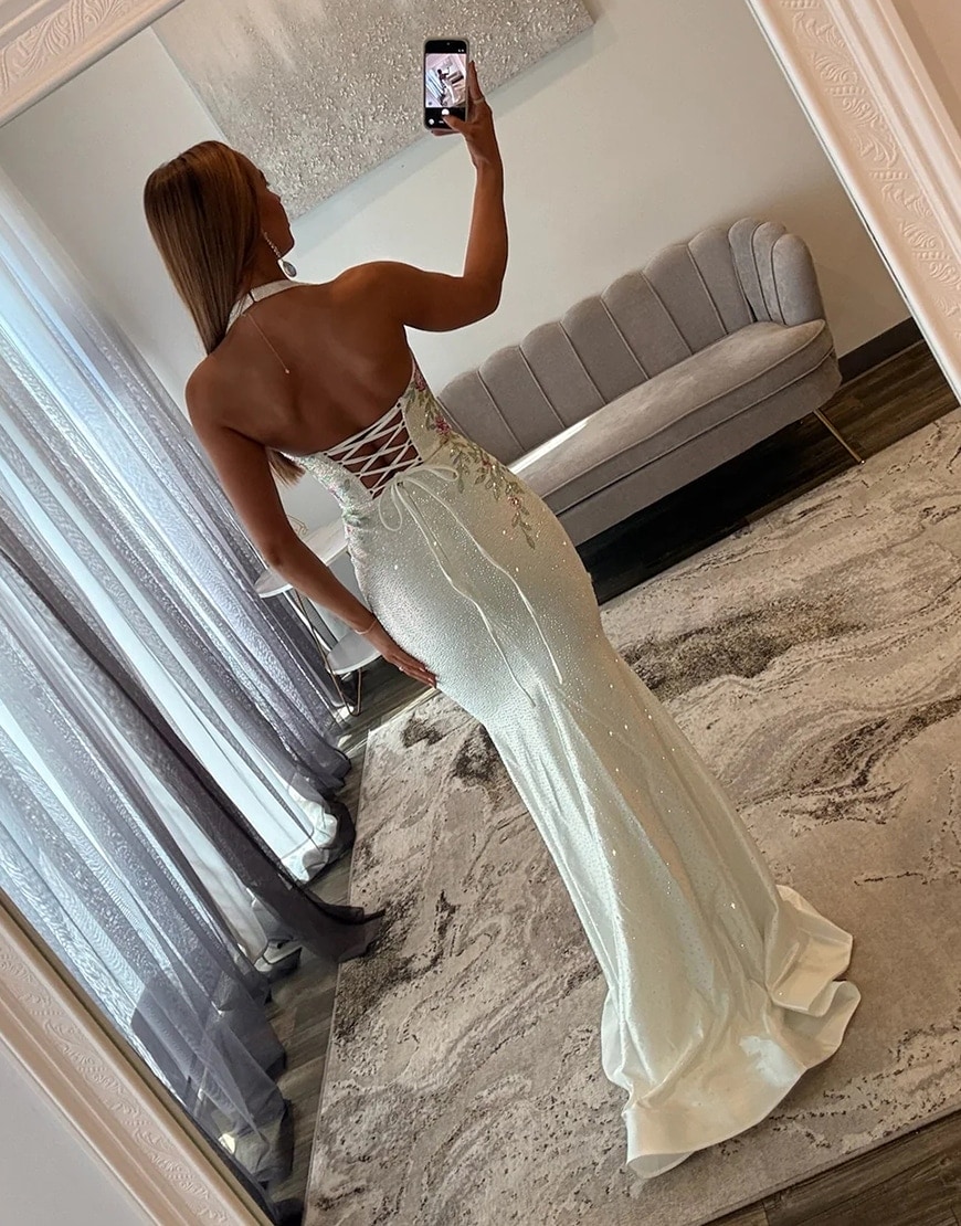 Sparkly White Floral Printed Mermaid Halter Long Prom Dress