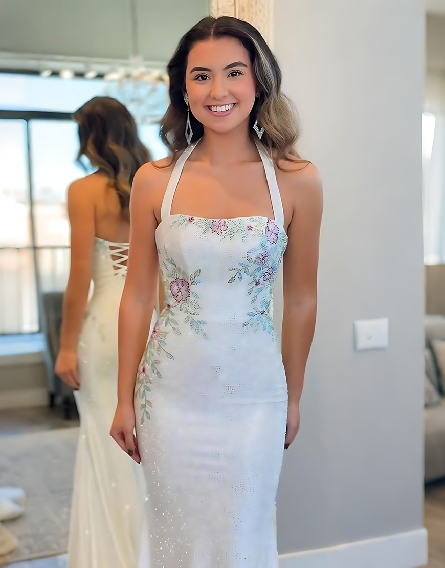 Sparkly White Floral Printed Mermaid Halter Long Prom Dress