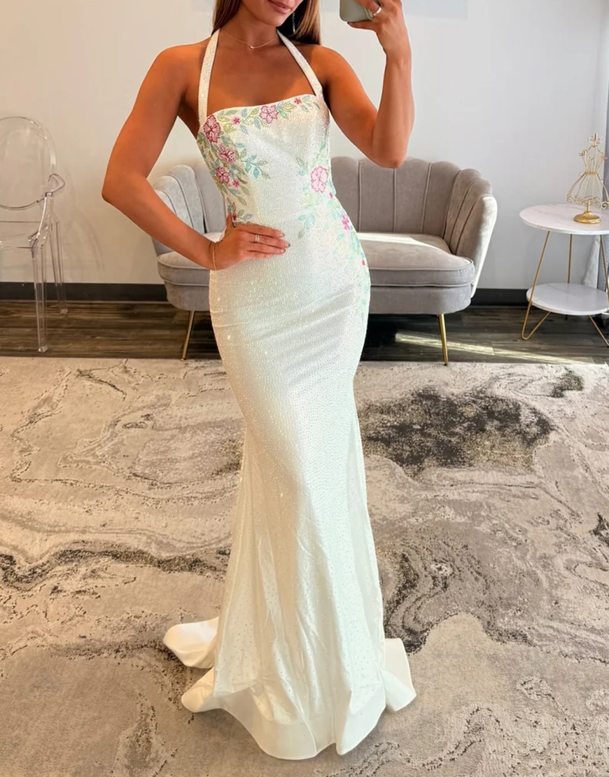 Sparkly White Floral Printed Mermaid Halter Long Prom Dress