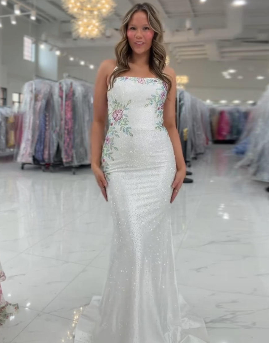 Sparkly White Floral Mermaid Halter Printed Long Prom Dress