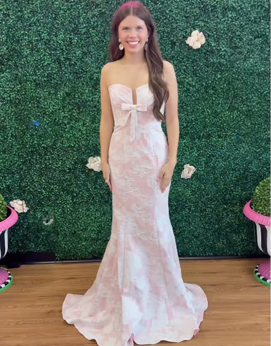 Pink Mermaid Jacquard Sweetheart Long Prom Dress with Bow