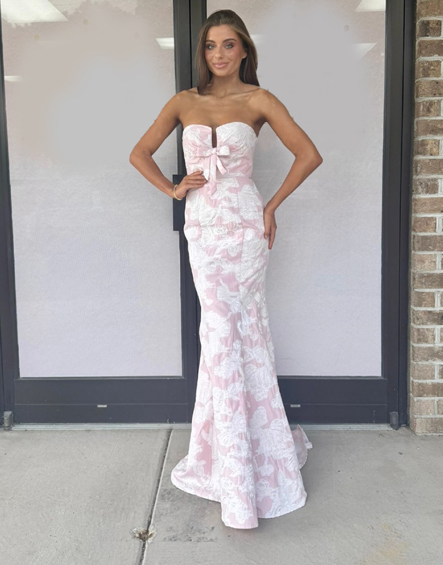 Pink Mermaid Jacquard Sweetheart Long Prom Dress with Bow