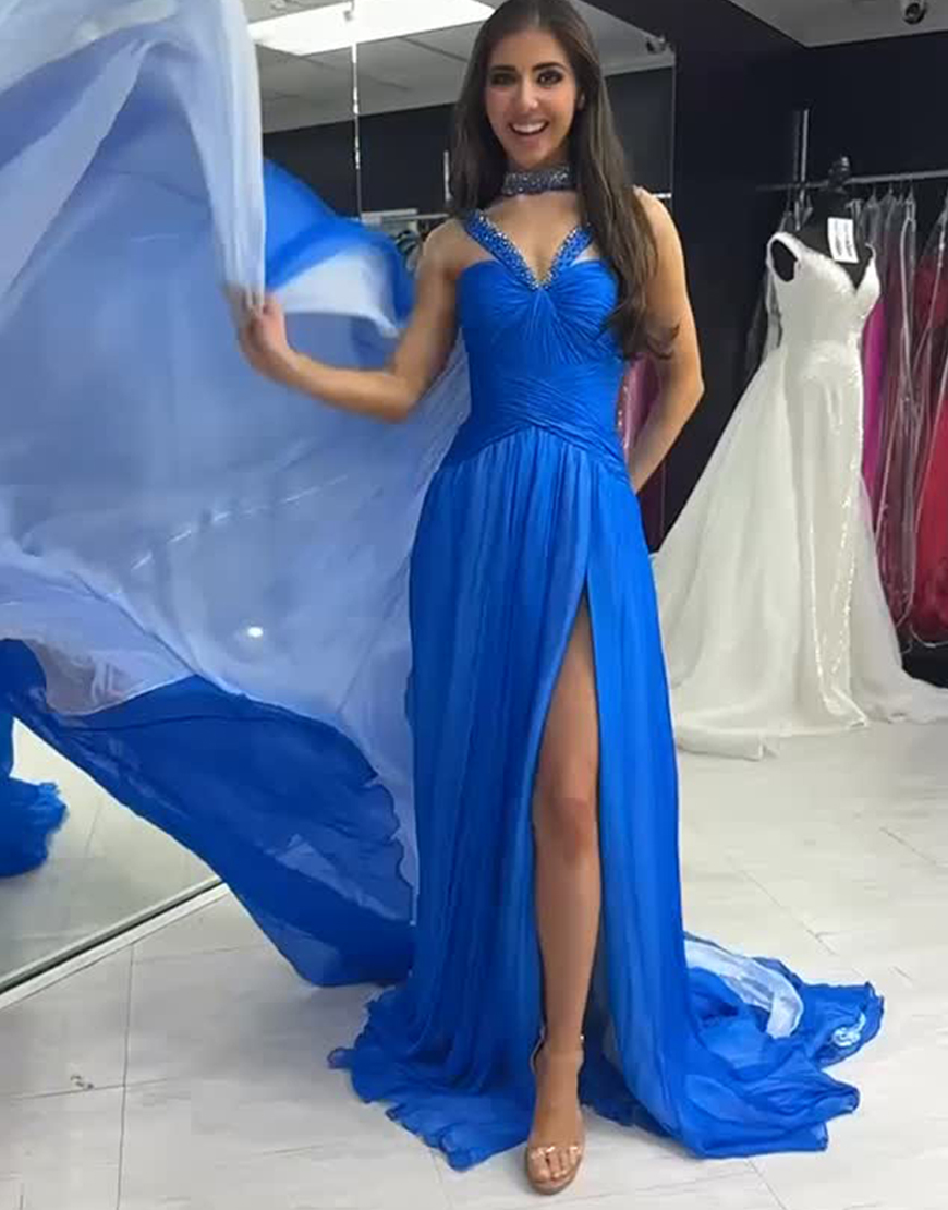 Sparkly Royal Blue Beaded Halter Neck Long Prom Dress with Slit