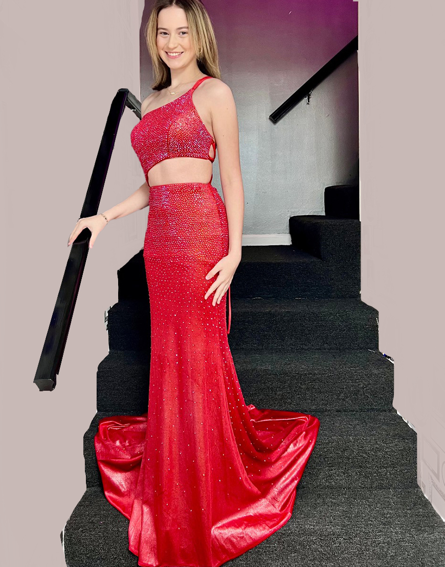 Sparkly Red Mermaid Cut Out One Shoulder Long Prom Dress with Beading