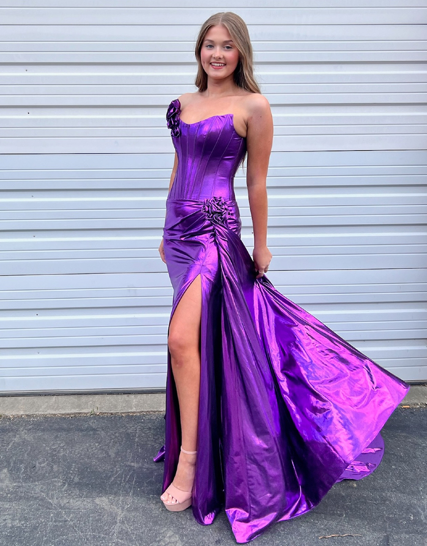 Purple Floral Corset Mermaid Metallic Long Prom Dress with Slit