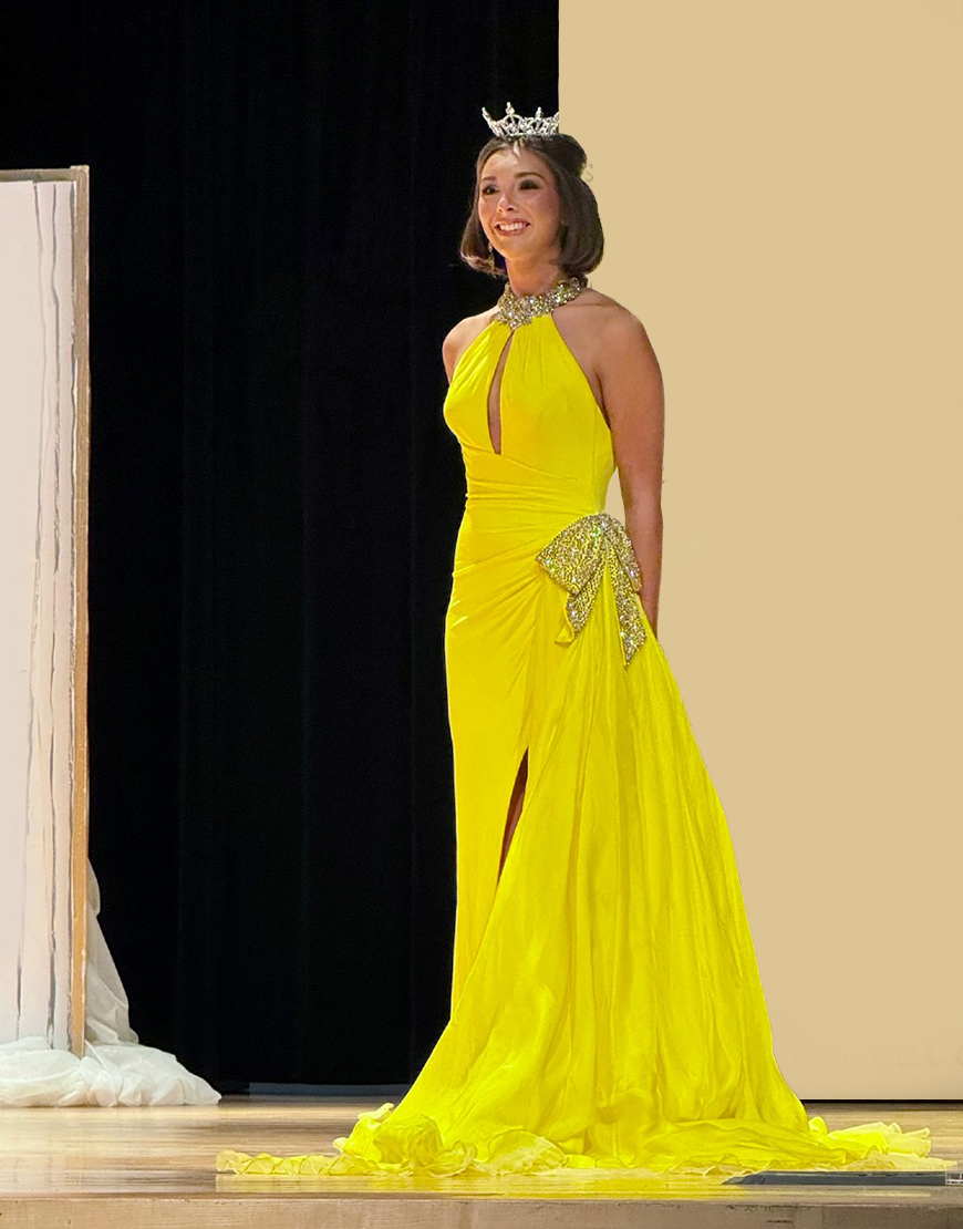 Sparkly Yellow Beaded Mermaid Halter Neck Long Prom Dress with Bow