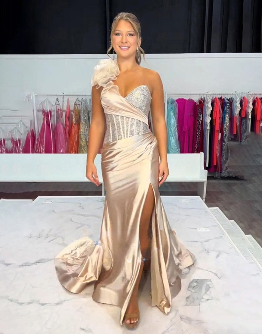 Sparkly Red Corset Mermaid One Shoulder Long Prom Dress with Slit