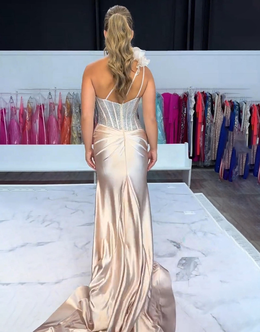 Sparkly Red Corset Mermaid One Shoulder Long Prom Dress with Slit