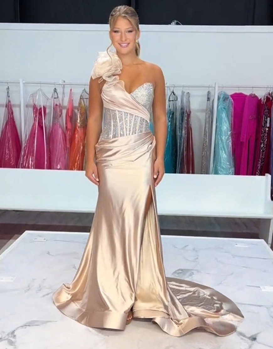 Sparkly Red Corset Mermaid One Shoulder Long Prom Dress with Slit