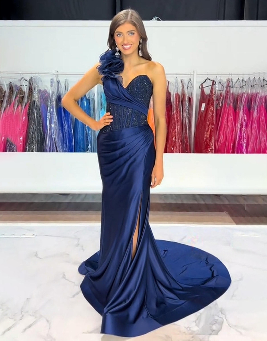 Sparkly Red Corset Mermaid One Shoulder Long Prom Dress with Slit