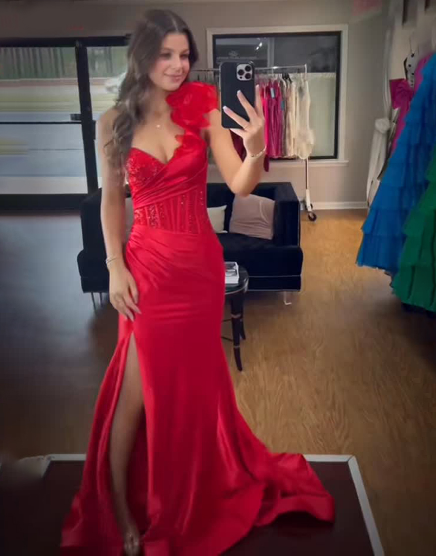 Sparkly Red Corset Mermaid One Shoulder Long Prom Dress with Slit