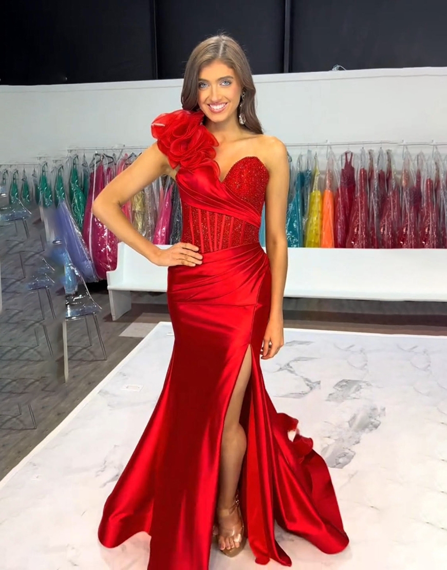 Sparkly Red Corset Mermaid One Shoulder Long Prom Dress with Slit