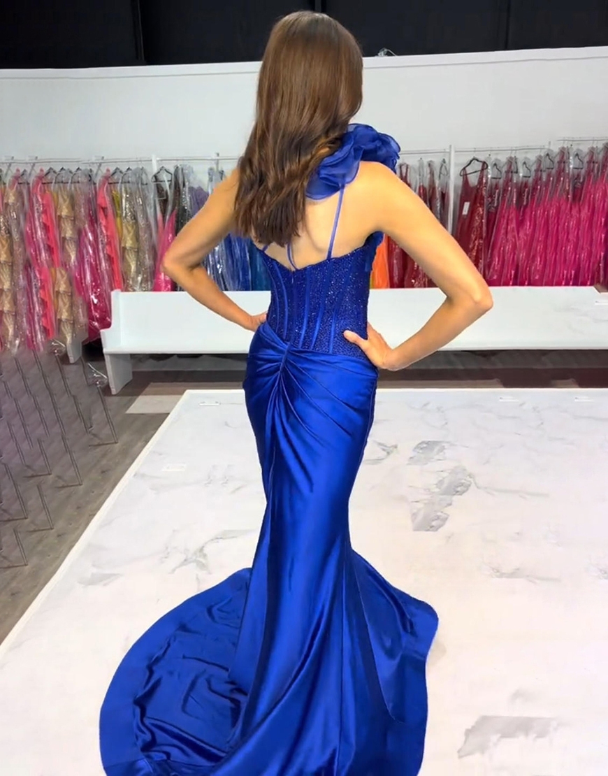 Sparkly Red Corset Mermaid One Shoulder Long Prom Dress with Slit