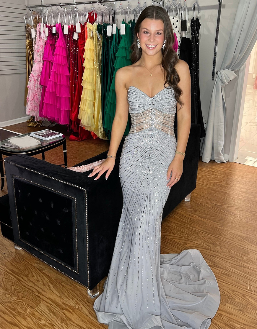 Sparkly Grey Corset Beaded Mermaid Long Prom Dress