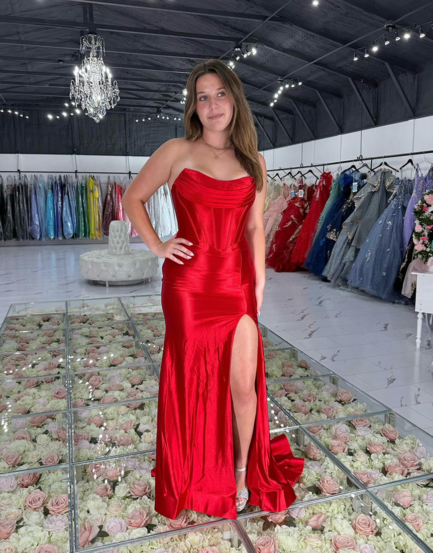 Red Mermaid Corset Strapless Long Prom Dress with Slit