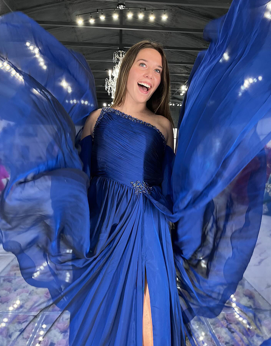 Sparkly Navy One Shoulder Beaded Long Prom Dress with Slit