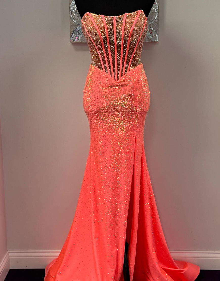 Sparkly Orange Corset Beaded Mermaid Long Prom Dress with Slit