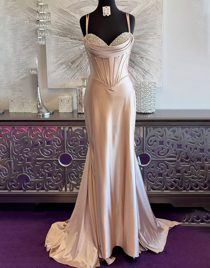 Sparkly Champagne Corset Mermaid Long Prom Dress with Cape