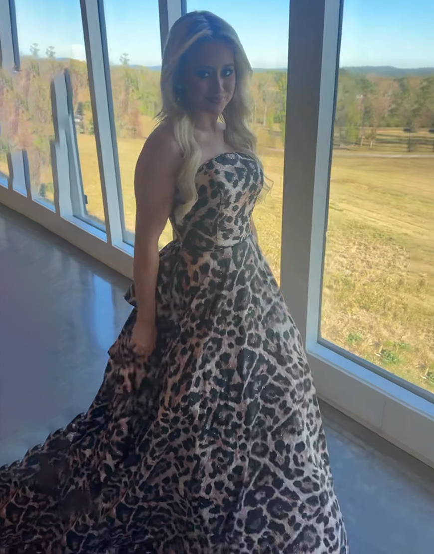 Sparkly Brown Leopard A-Line Strapless Long Prom Dress with Beading