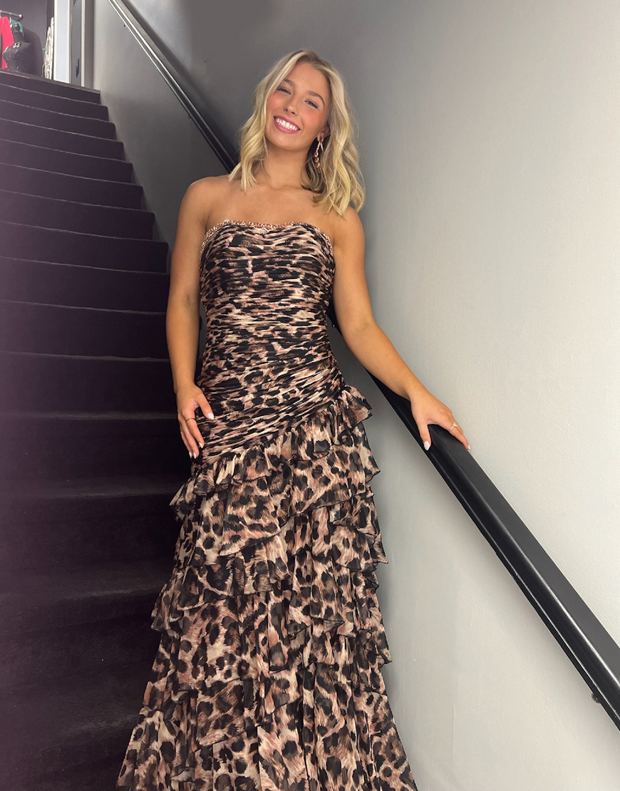 Sparkly Brown Leopard Beaded Mermaid Long Prom Dress with Slit