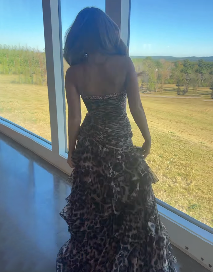 Sparkly Brown Leopard Beaded Mermaid Long Prom Dress with Slit