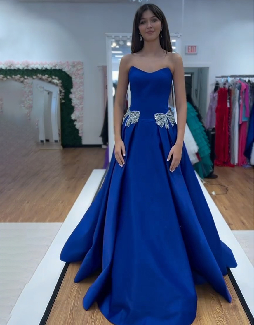 Sparkly Royal Blue Beaded Sweetheart Long Prom Dress with Bow