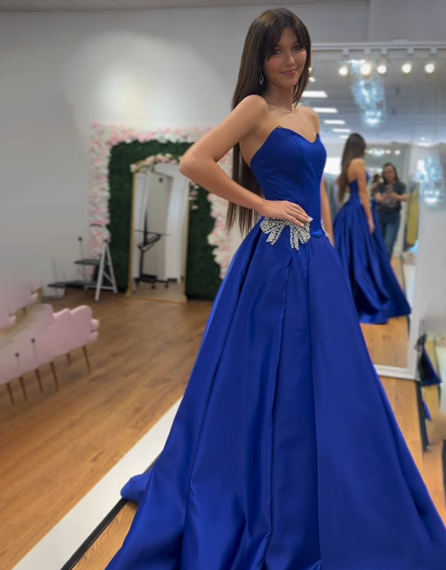 Sparkly Royal Blue Beaded Sweetheart Long Prom Dress with Bow
