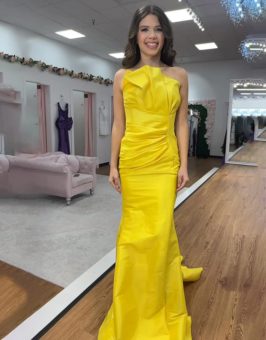 Yellow Mermaid Strapless Long Ruched Prom Dress