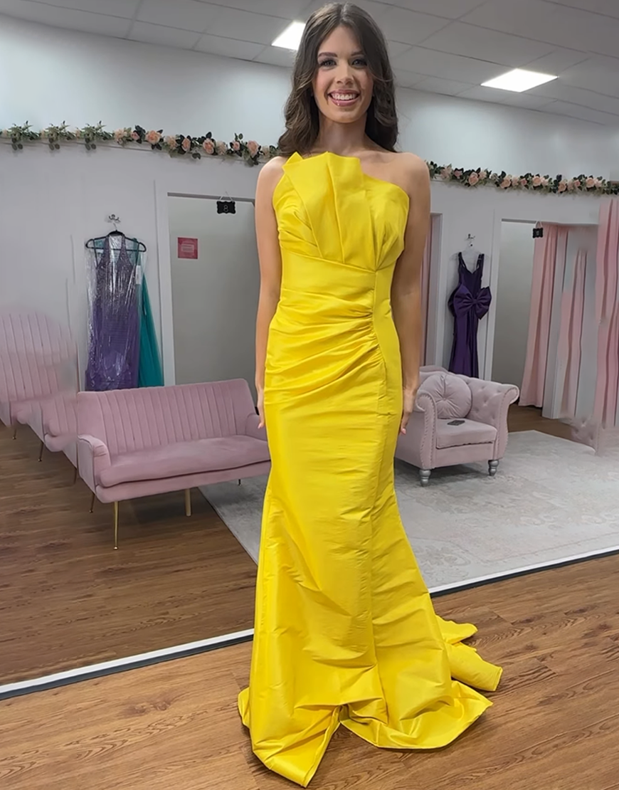 Yellow Mermaid Strapless Long Ruched Prom Dress