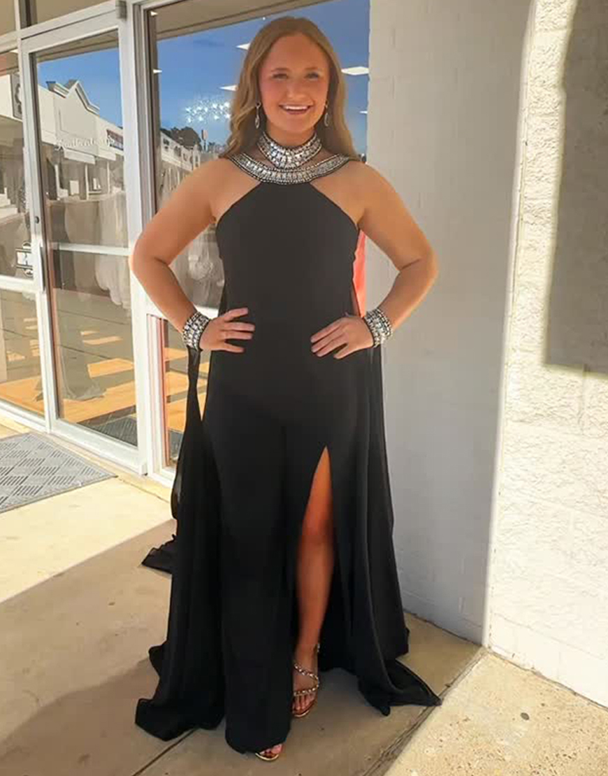 Sparkly Black Beaded High Neck Long Prom Jumpsuits with Cape