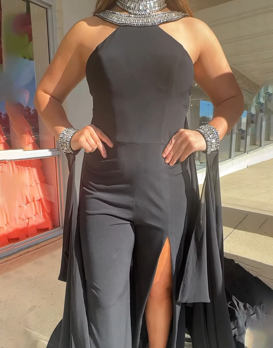 Sparkly Black Beaded High Neck Long Prom Jumpsuits with Cape