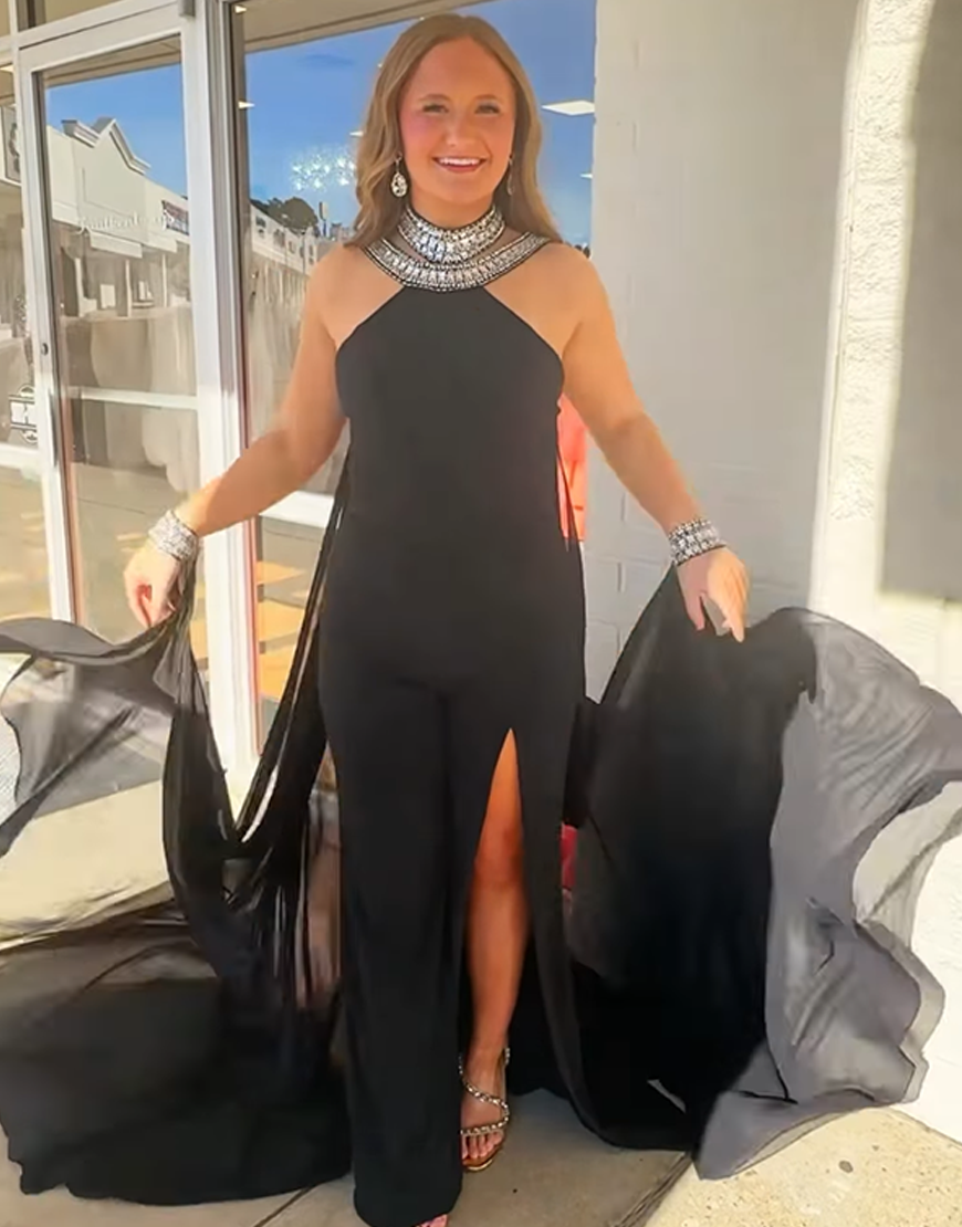 Sparkly Black Beaded High Neck Long Prom Jumpsuits with Cape