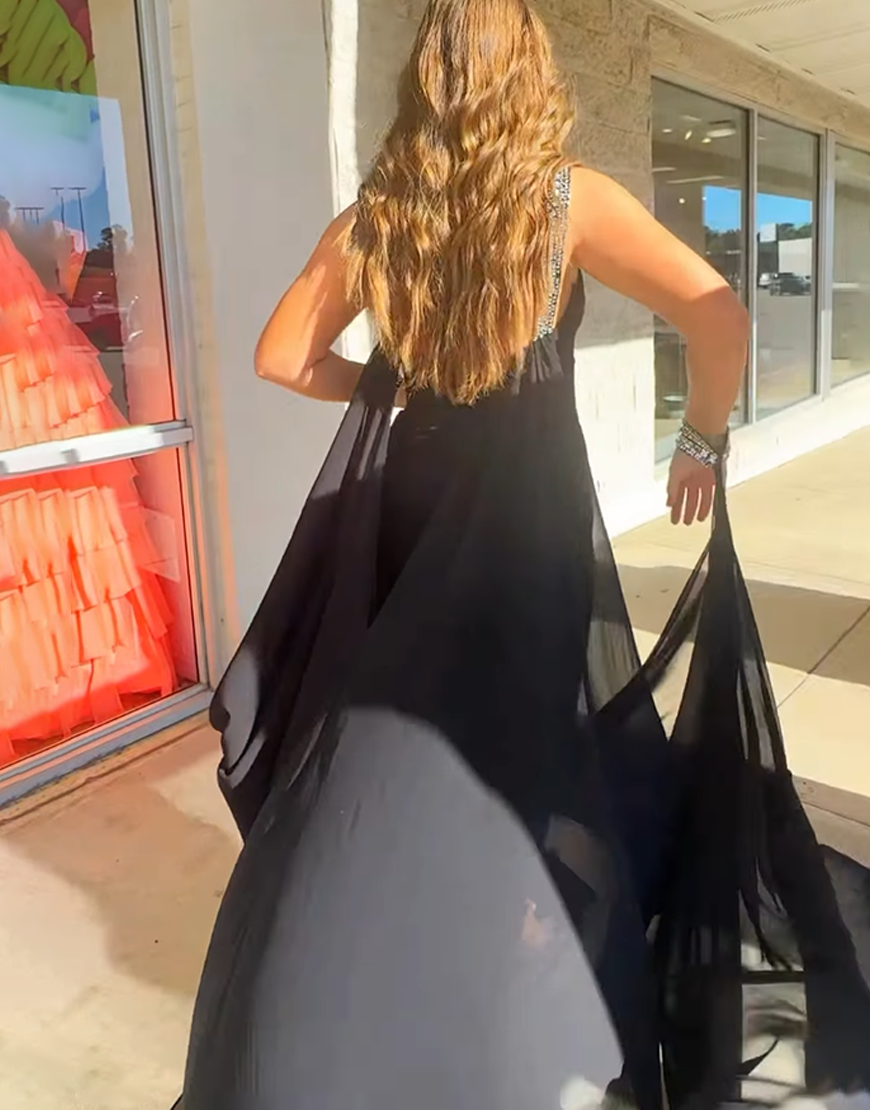 Sparkly Black Beaded High Neck Long Prom Jumpsuits with Cape