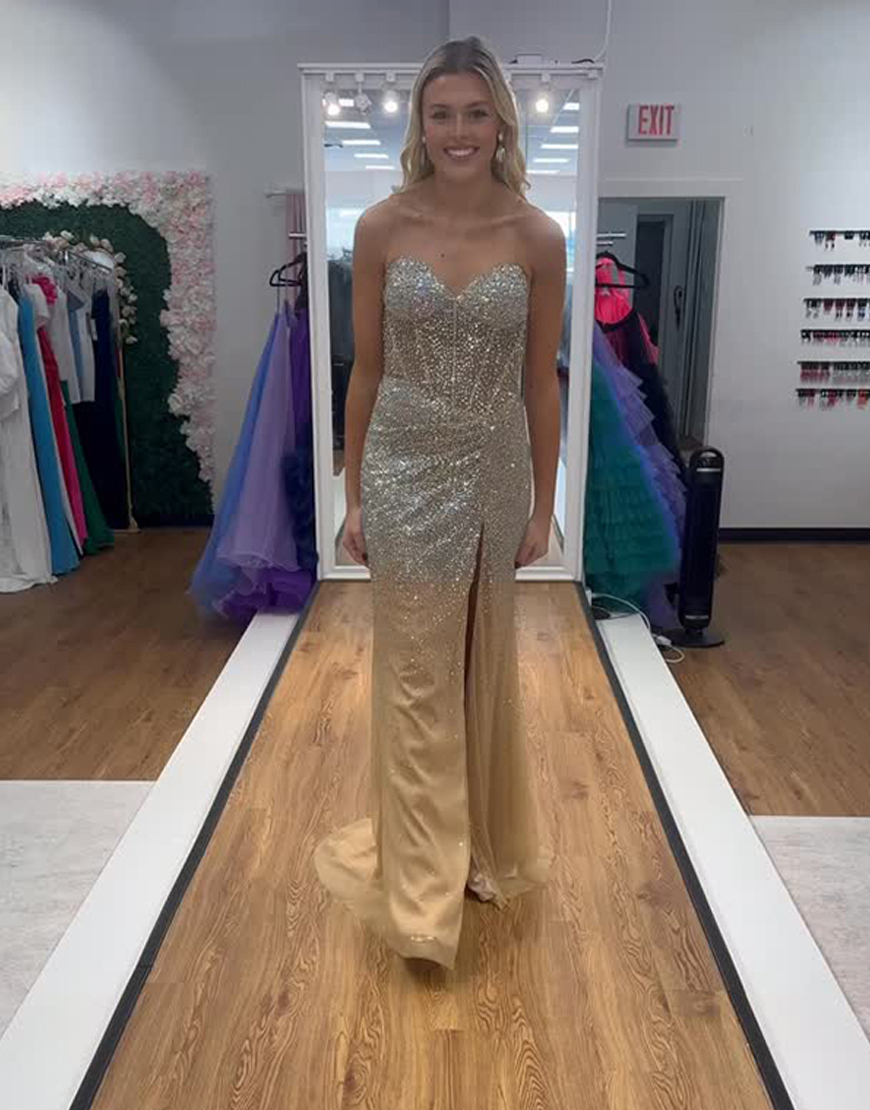 Sparkly Gold Mermaid Beaded Corset Long Prom Dress with Slit