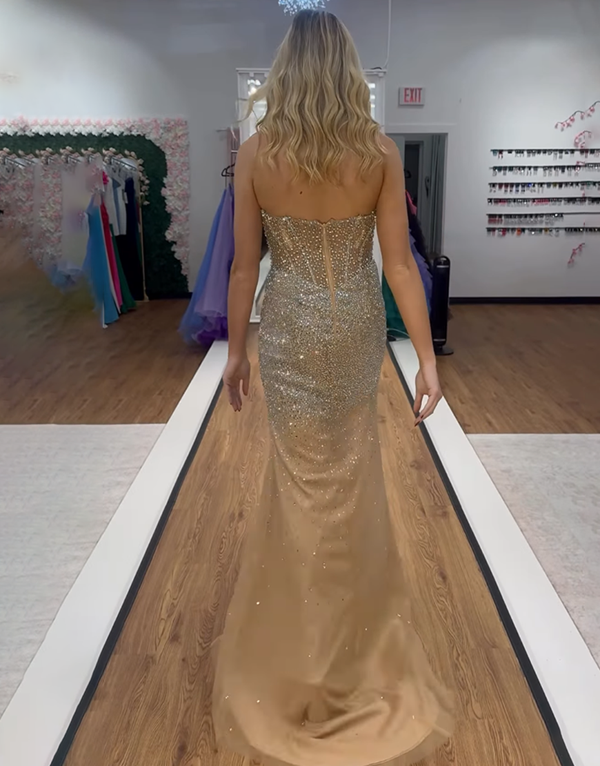 Sparkly Gold Mermaid Beaded Corset Long Prom Dress with Slit