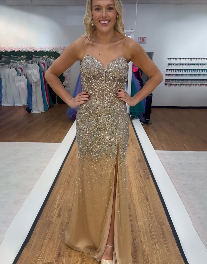 Sparkly Gold Mermaid Beaded Corset Long Prom Dress with Slit