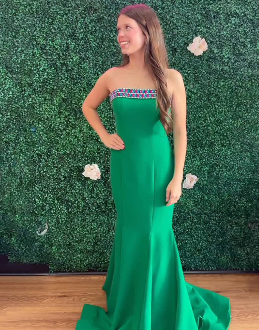 Sparkly Mermaid Green Strapless Long Prom Dress with Rhinestones