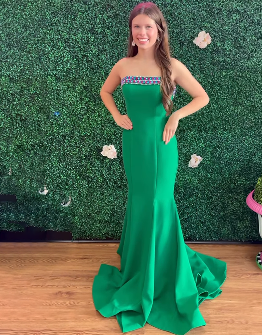 Sparkly Mermaid Green Strapless Long Prom Dress with Rhinestones