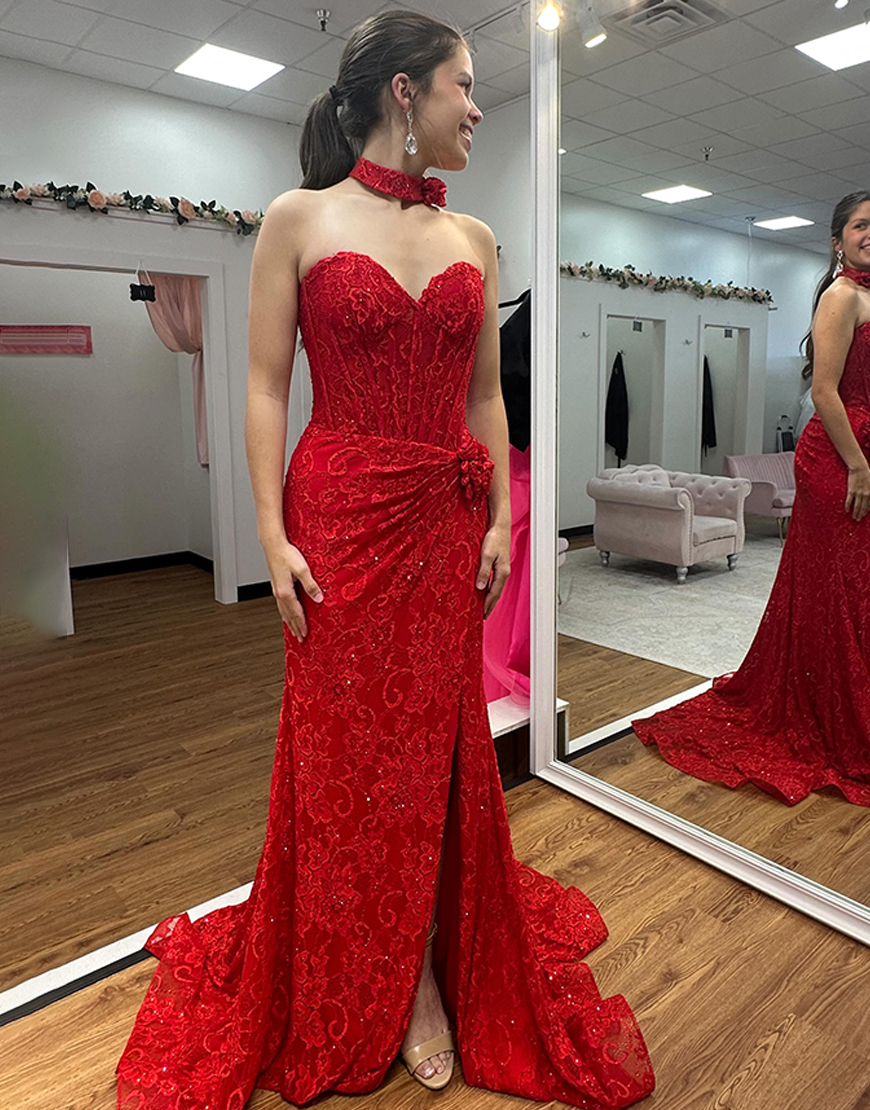 Floral Red Mermaid Corset Lace Long Prom Dress with Slit