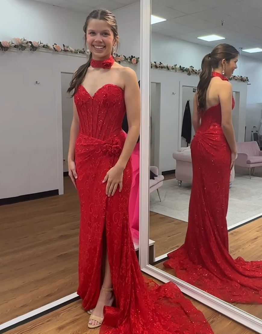 Floral Red Mermaid Corset Lace Long Prom Dress with Slit