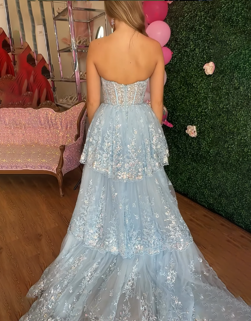 Sparkly Light Blue Corset Ruffled Tiered Long Prom Dress with Cape