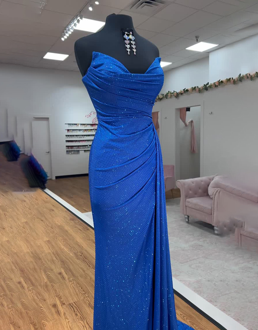 Sparkly Royal Blue Beaded Sweetheart Mermaid Long Prom Dress with Side Cape