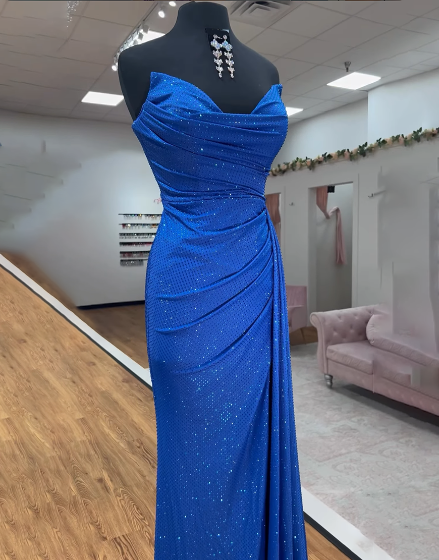 Sparkly Royal Blue Beaded Sweetheart Mermaid Long Prom Dress with Side Cape