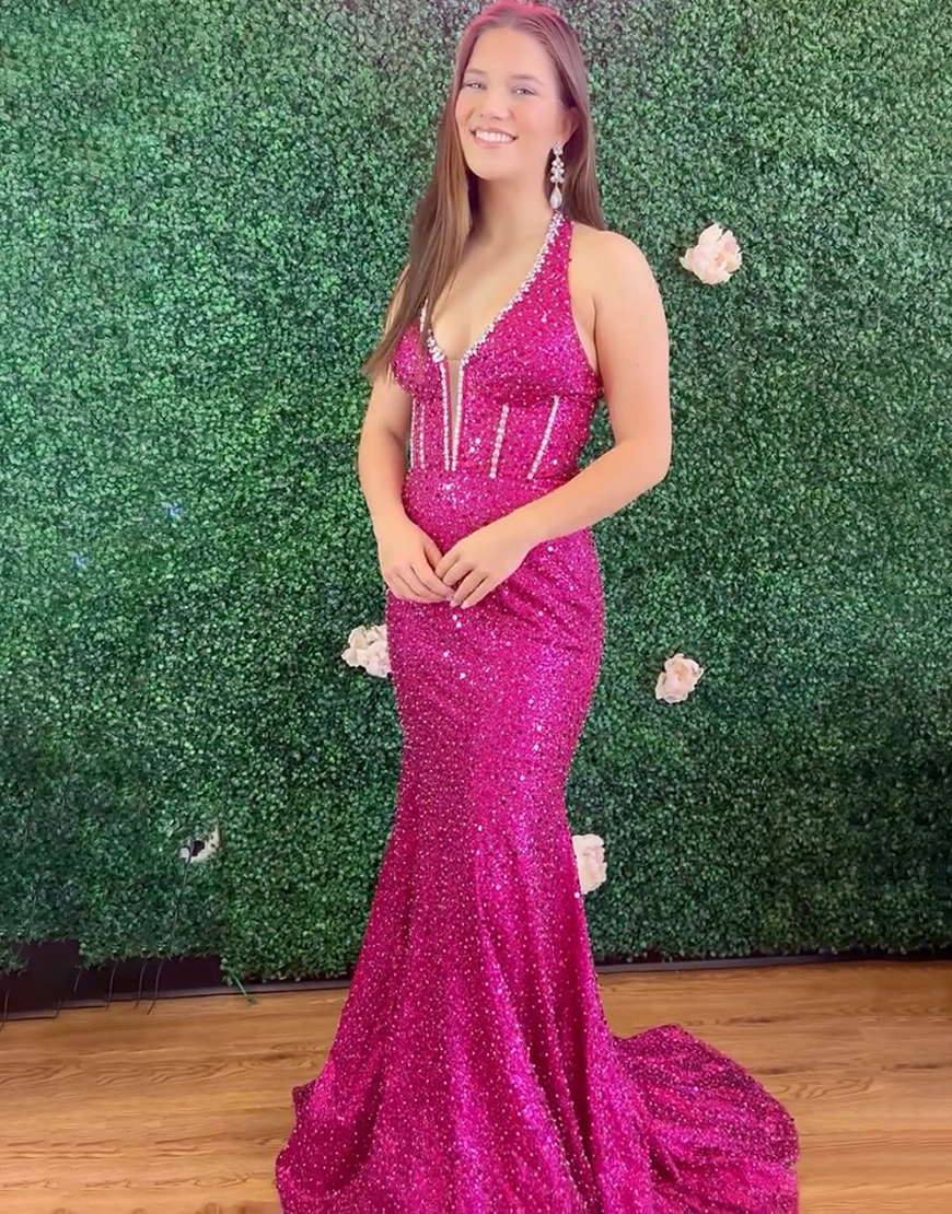 Sparkly Fuchsia Sequin Corset Mermaid Long Prom Dress with Rhinestones