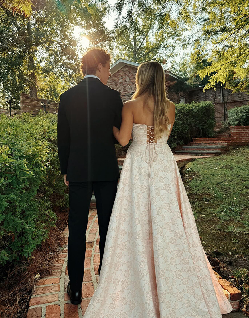 Pink Jacquard Corset Strapless Long A Line Prom Dress with 3D Flowers