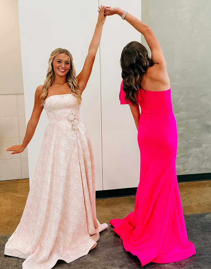 Pink Jacquard Corset Strapless Long A Line Prom Dress with 3D Flowers